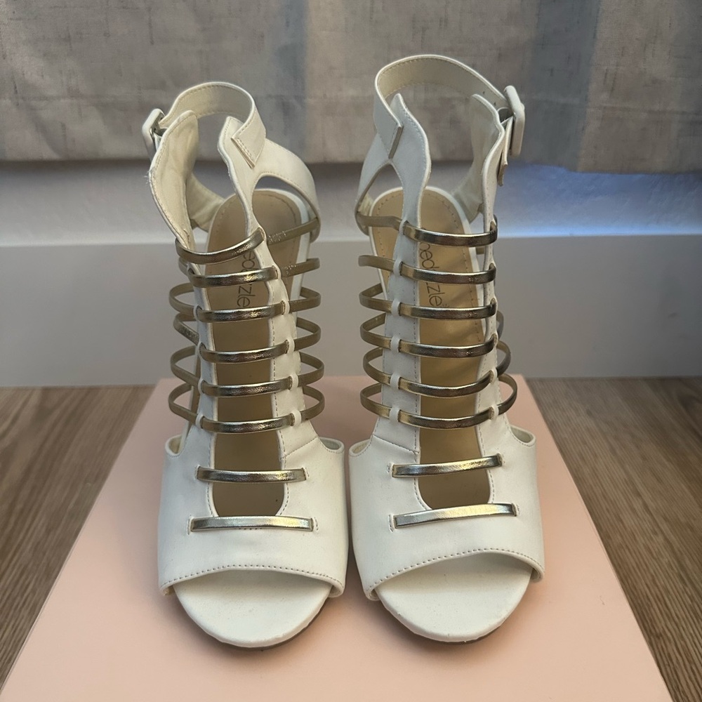 Shoe Dazzle White and Gold Strappy Heels